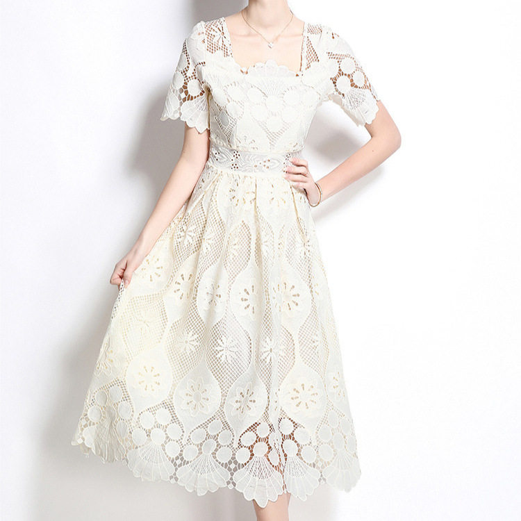 Elegant Short Sleeve Lace Dress for Women High End Fashion Hollow Out Waist Defining French Style Perfect for