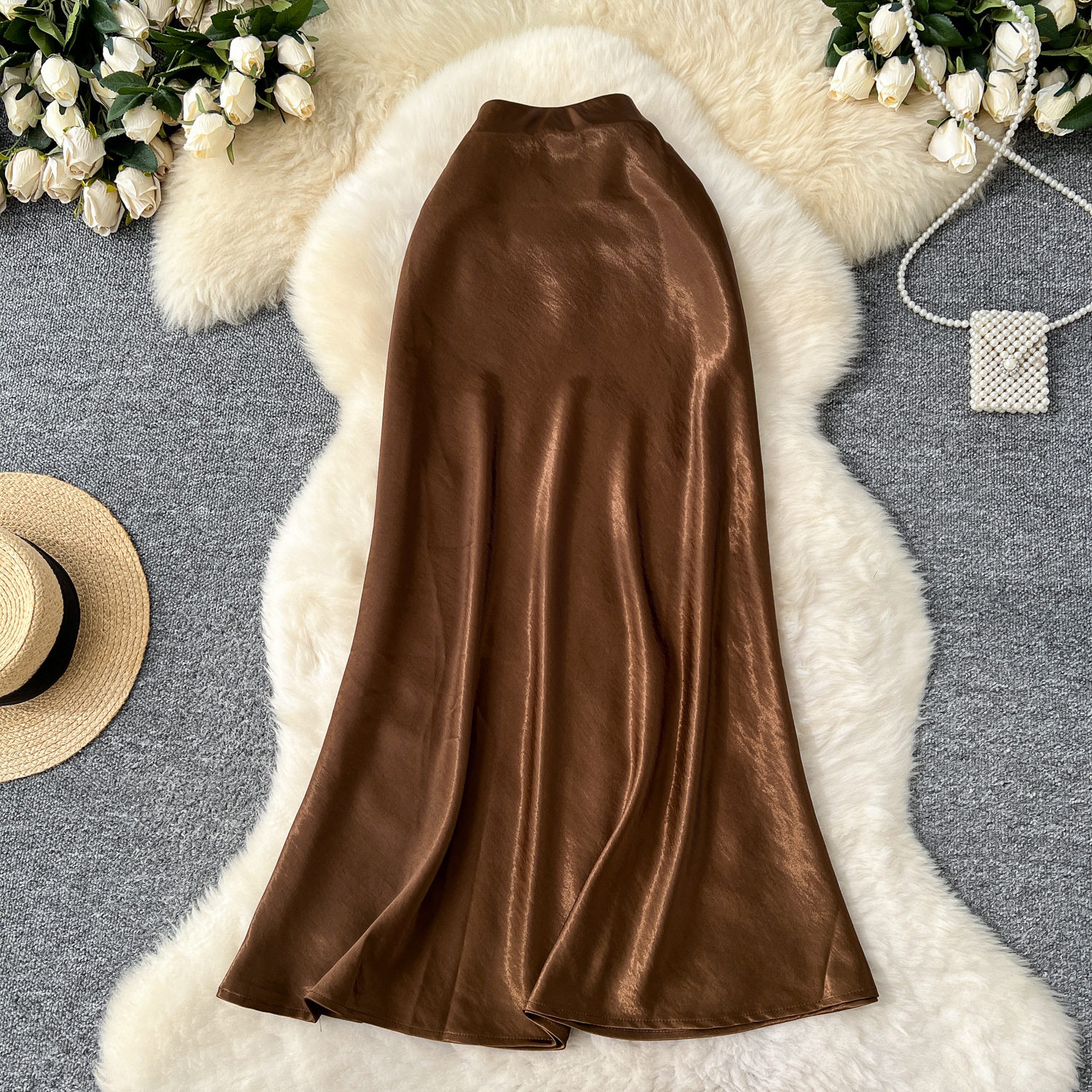 High Waist Satin Midi Skirt for Women A Line Silhouette Elegant Fit Flare Design Perfect for Spring and Summer Wholesale