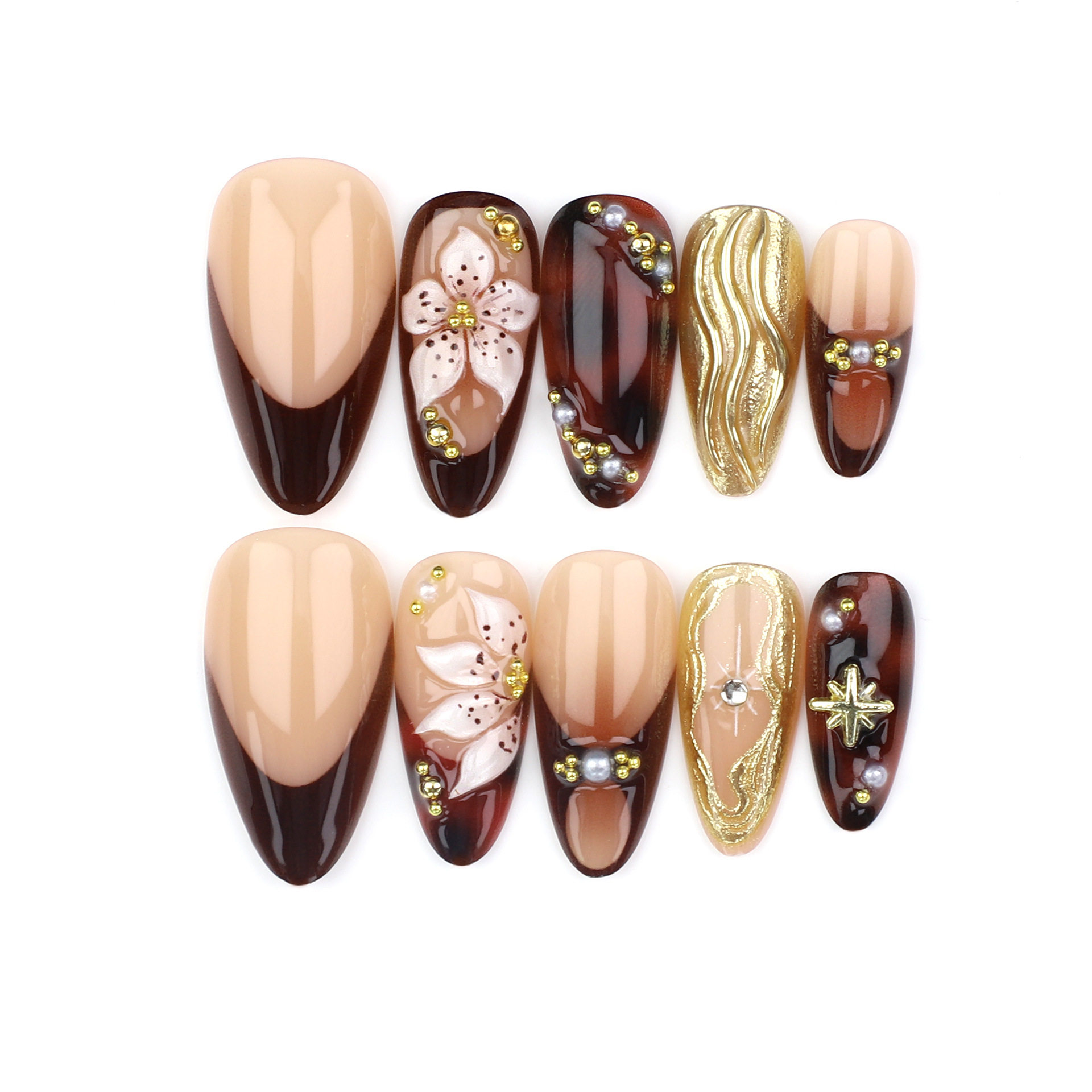 Wearable Nail Art for Autumn and Winter: Popular Handmade Gilded 3D Carved French Dark Coffee Leopard Print with Rhinestones Fake Nail Tips