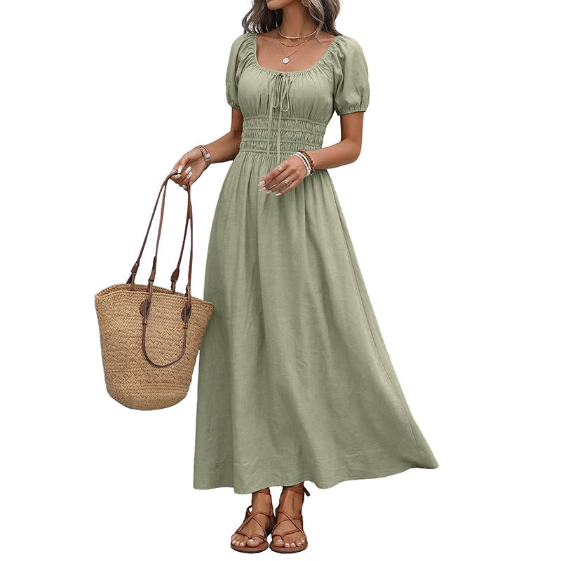 French Vintage Style Square Neck Short Sleeve Dress Solid Color Waist Defined Summer Fashion Wholesale Available