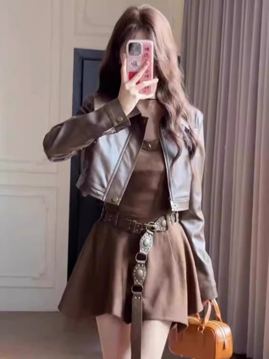 Suit for Women 2025 Spring and Autum Korean Sexy Short Jacket Leather Jacket Waist Suspender Dress Two-Piece Set