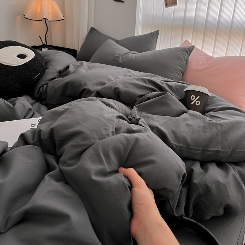 Category a Mother and Baby Bed Four-Piece Ins Style Pure Color Washed Cotton Quilt Cover Bed Sheetss and Fitted Bed Sheetss Student Dormitory Three-Piece Set