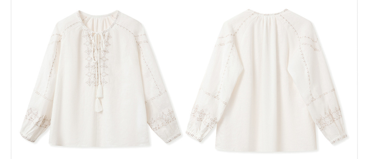 Áo sơ mi nữ linen dài tay thêu họa tiết dáng rộng — Màu trắng be, Màu xanh đậm, Màu xanh lam nhạt