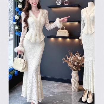 French Style Raw Edge V-Neck Waist Long-Sleeved Lace Shirt High-Waisted Skirt for Women 2025 Autumn and Winter New Two-Piece Set