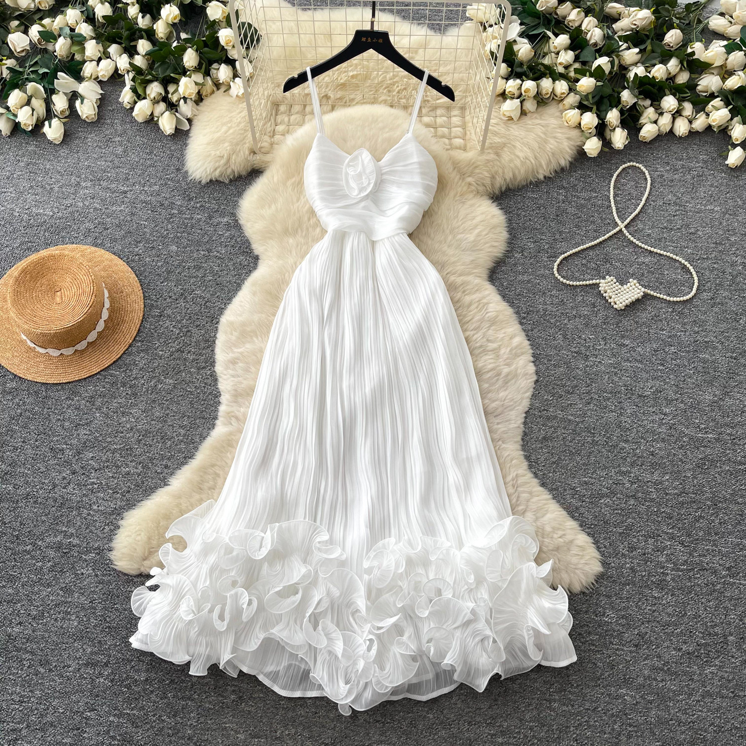 French Style Sweet Ruffled Hem A Line Dress for Women High Waist Sleeveless Summer Fashion Perfect for Vacations