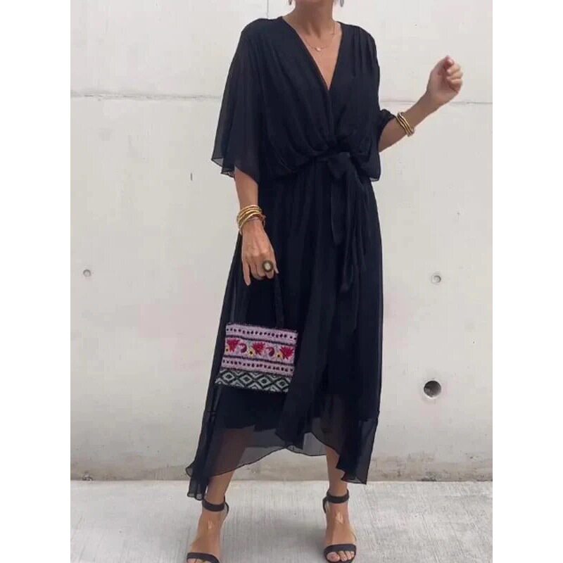 Batwing Sleeve Irregular Maxi Dress Solid Color Plus Size Elegant Design Perfect for Casual or Formal Occasions