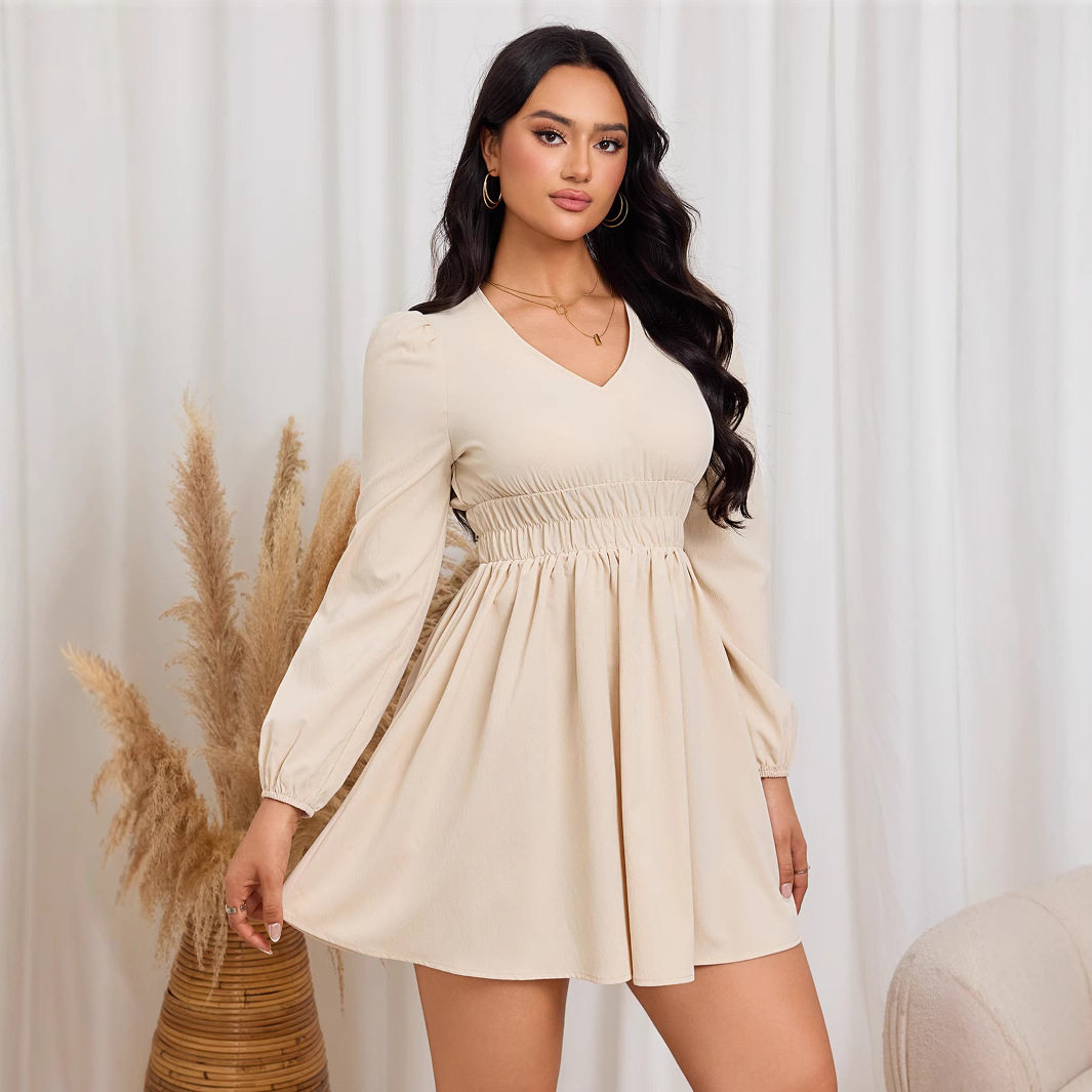 Elegant Womens Dress Versatile Slim Fit V Neck Elastic Waist Spring Summer Style Wholesale Available