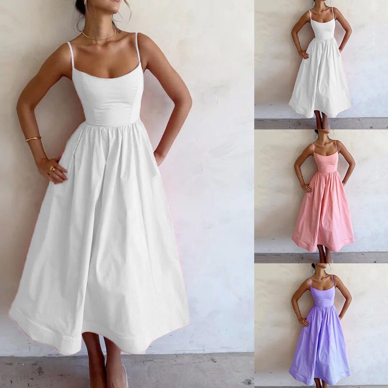 Elegant Womens Midi Dress Slim Fit Low Cut Spaghetti Straps Flared Skirt Office Wear or Evening Event Wholesale
