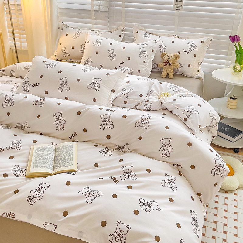 Fresh Style Washed Cotton Four-piece Bedding Bed Sheet Quilt Cover Korean Style Princess Floral Girl Dormitory Three-piece Set