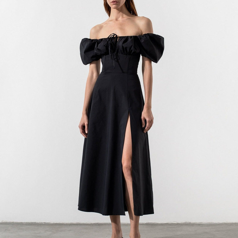 High Waist Solid Color Dress Puff Sleeve Split Hem Vacation Style Spring Collection Wholesale Available