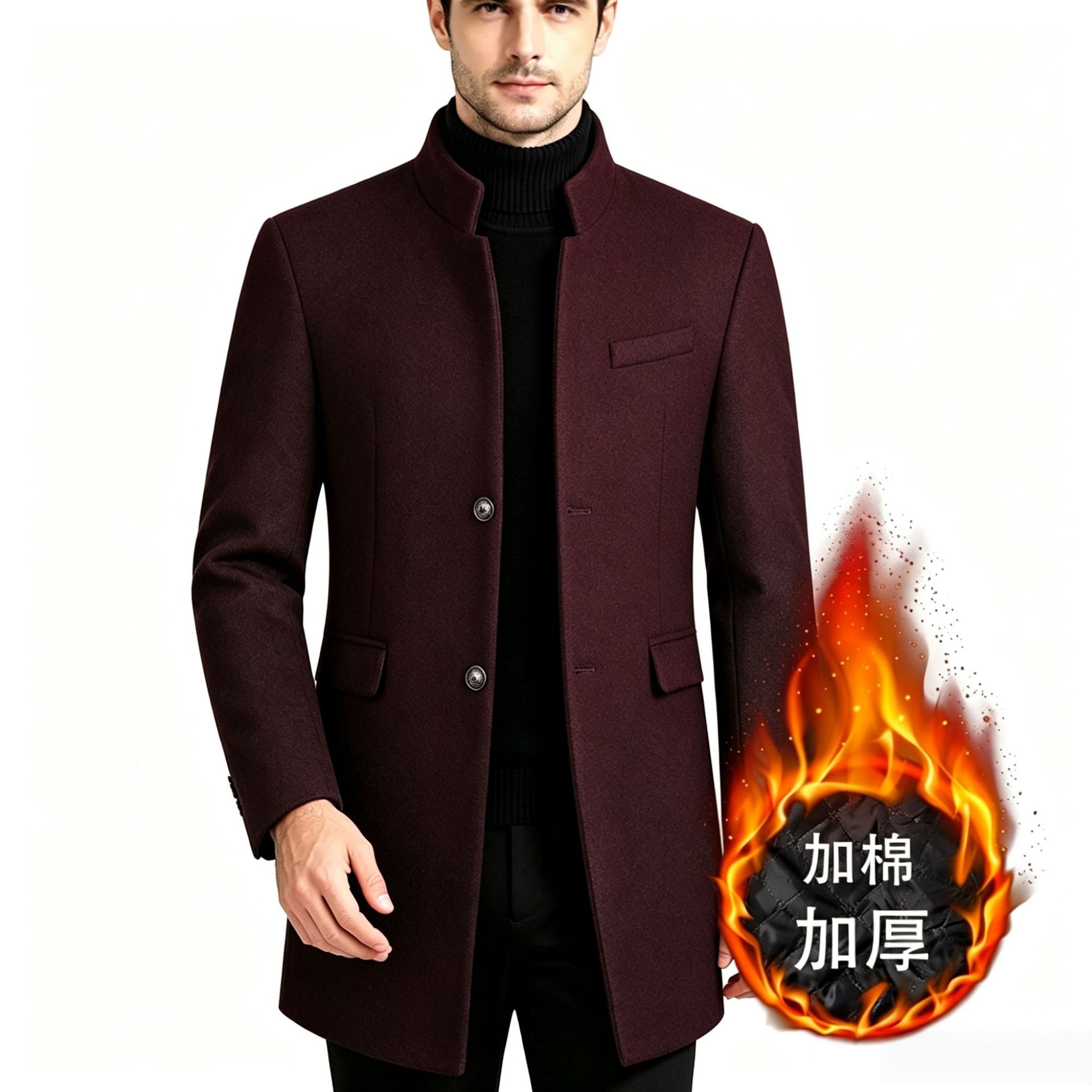 Mens Wool Blend Overcoat Thickened Mid Length Warm Stylish Autumn Winter Outerwear Wholesale Available