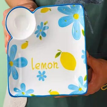 Ceramic Dumpling Plate, Household Barbecue Plate, Shrimp Plate with Vinegar Dish, Ceramic Compartmentalized French Fries, Multi-Functional Dipping Sauce Plate, Creative