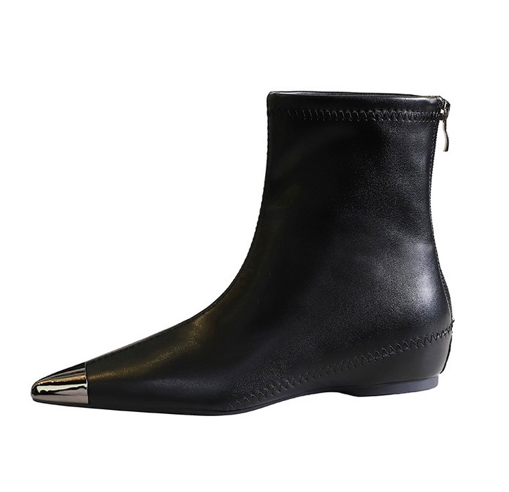 Boot nữ cổ thấp mũi nhọn khóa kéo sau, gót thấp lót lông giữ ấm — Đen lót một lớp, Màu đen lót nhung