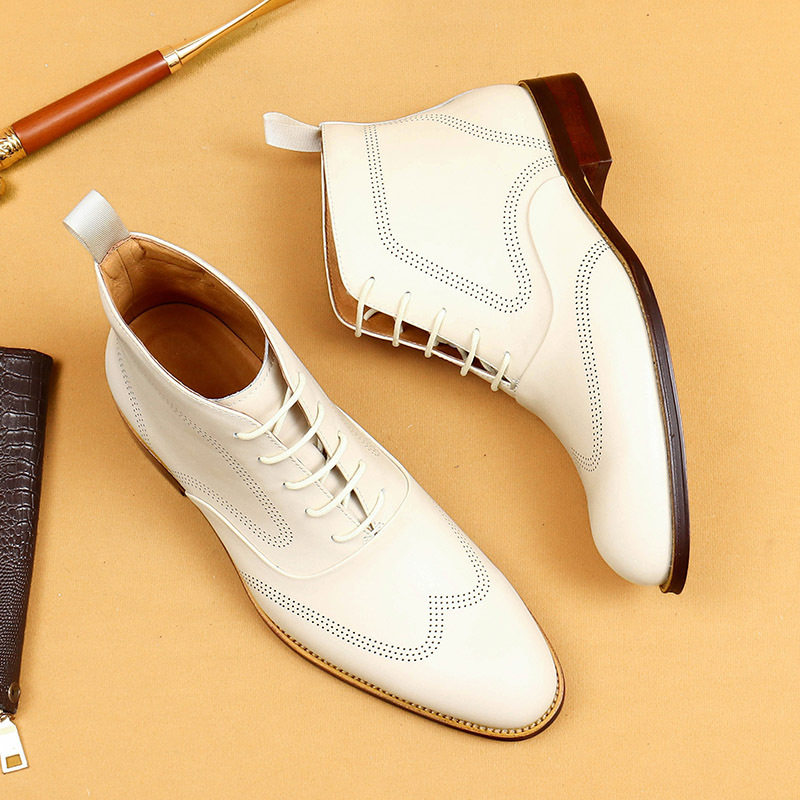 Giày Martin Nam Cao Cổ Phong Cách Anh Quốc Da Thật Brogue Chiều Cao Đế Khoảng 3cm Màu Trắng