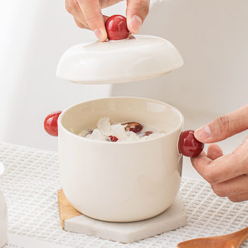 Ezicok Binaural Stew Pot Ceramic Steamed Egg Bowl Steamed Egg Bowl Children's Rice Bowl Small Bowl High Temperature Resistant Double Ear Bowl with Lid