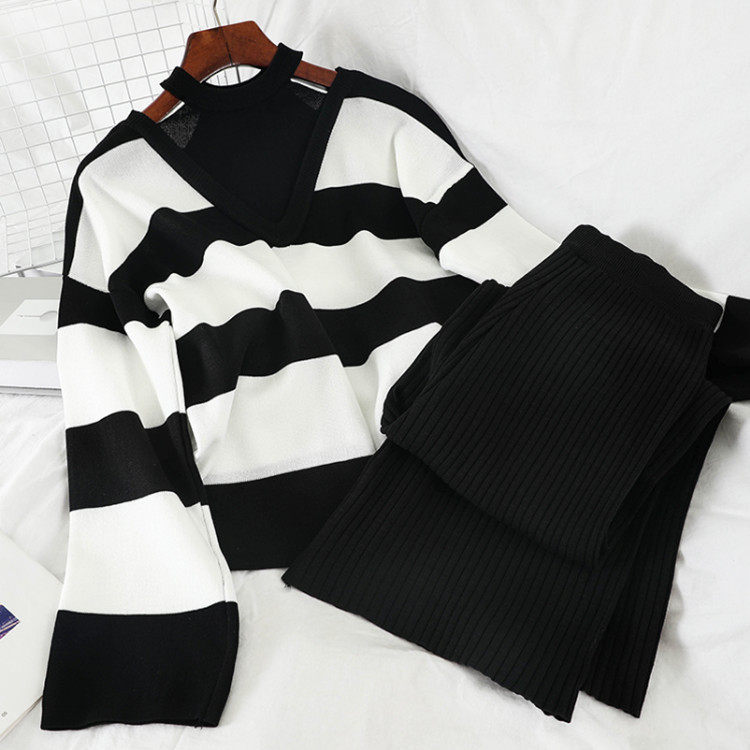 in stock Cross-border AliExpress Striped Sexy Knitwear Straight Tube Slimming Wide-leg Trousers Two-piece Set Elegant suit Women
