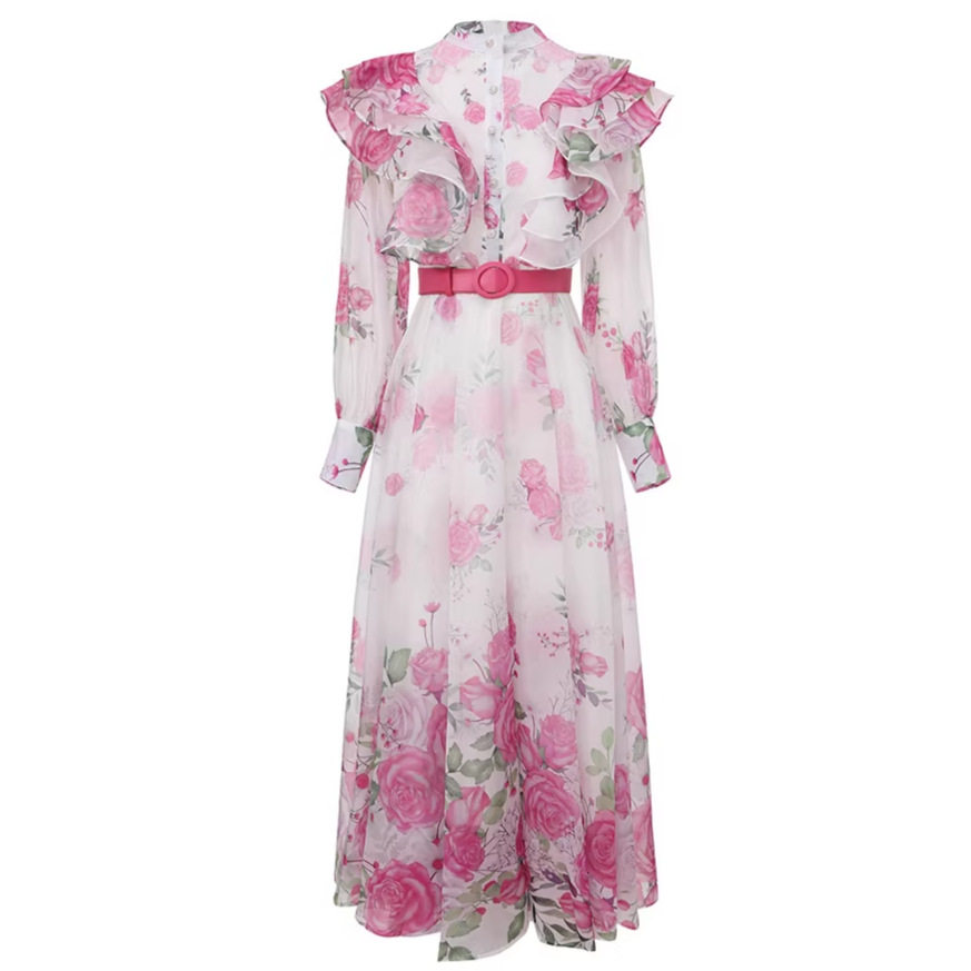 Elegant Summer Maxi Dress Korean Style Rose Print Hollow Out High Waist Lantern Sleeves Perfect for Work or