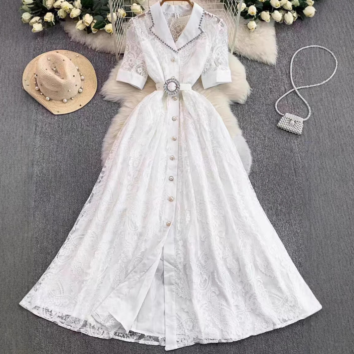 Elegant Lace Blazer Dress Pearl Button Waist Defined Flared Skirt Spring and Autumn Fashion Wholesale Available