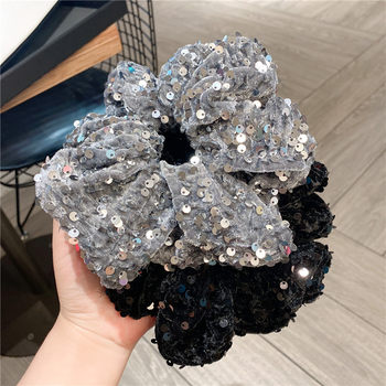 South Korea new shiny sequined black silver large intestine hair band tie hair rope ball head rubber band Ponytail leather cover headdress