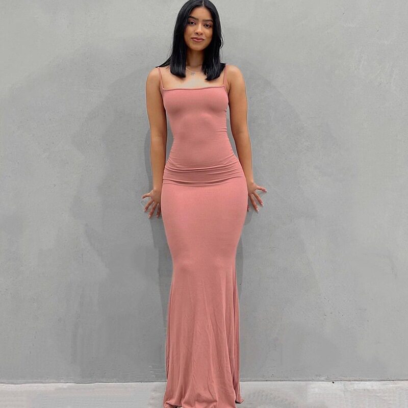 Womens Solid Color Bodycon Maxi Dress Spaghetti Straps Mermaid Hem Peach Butt Lift Elegant Evening Wear Wholesale