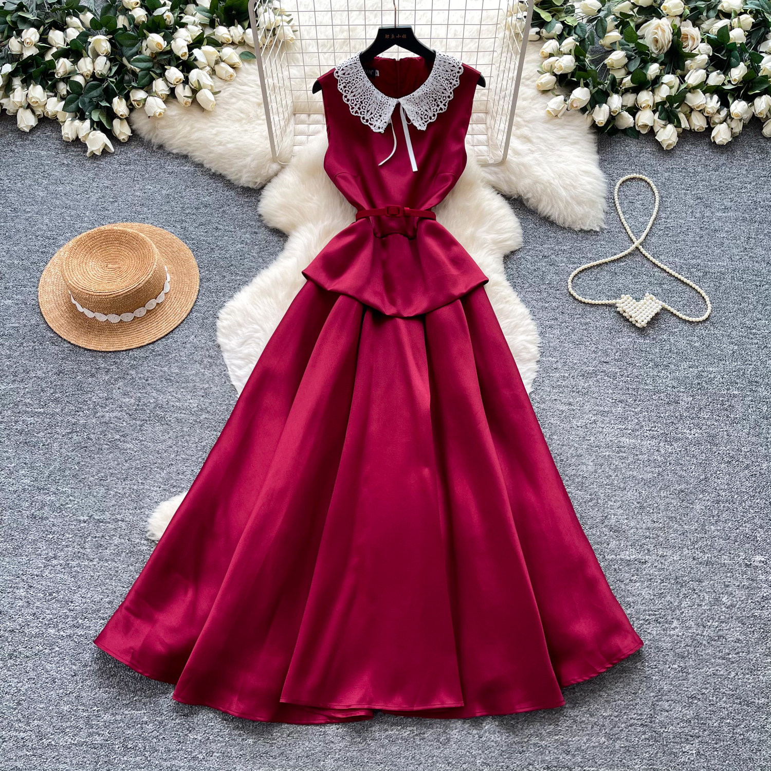 Red Lace Doll Collar A Line Dress for Women High Waist Elegant Fit Summer Style Perfect for Work and Casual Occasions
