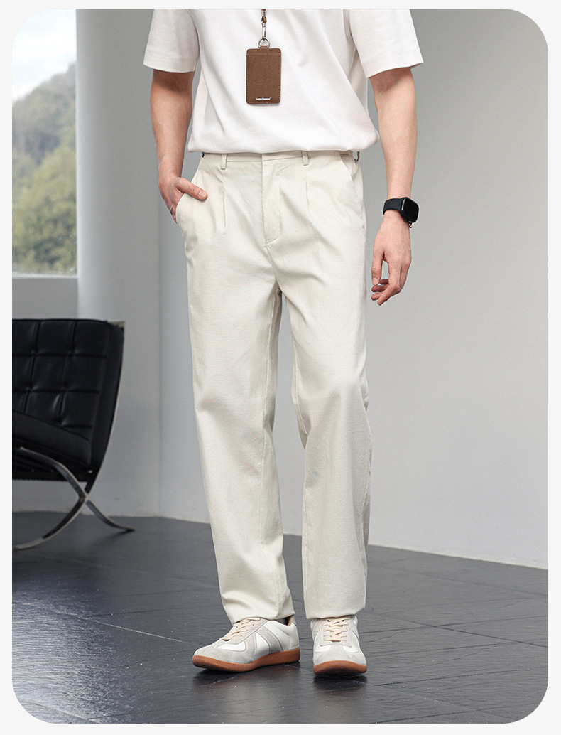 Quần dài nam vải tencel cotton lanh ống đứng co giãn lưng thun thoáng mát — màu đen, Xanh tím than, Màu trắng, Màu kaki