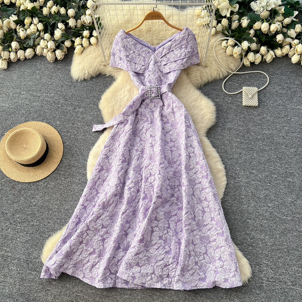 French Style Blue Floral Maxi Dress for Women Summer High Waist A Line Puff Sleeves Slim Fit Elegant Occasion