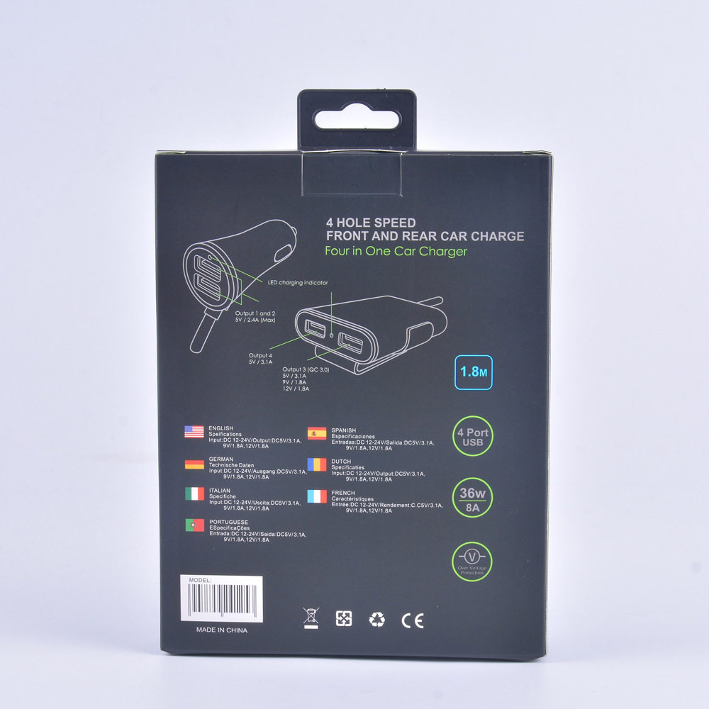 Fast car charger fast charge Shenzhen manufacturer rear seat charger QC3.0 four-port car charger qc3.0 5v8a