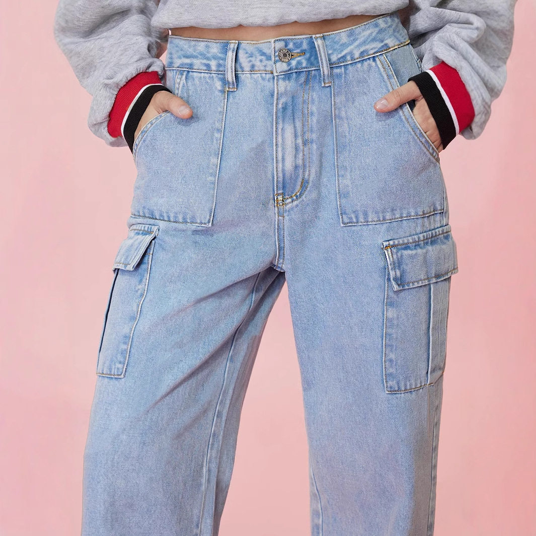 High Waisted Wide Leg Denim Trousers Loose Fit Utility Pockets Casual Style Womens Fashion Ready to Ship