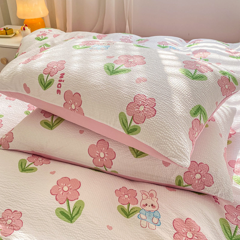 ins style cotton four-piece set fresh spring fitted sheet quilt cover cotton student bed sheet washed cotton three-piece set