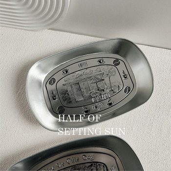 ins Vintage Printed Dinner Plate Ma Kou Snack Fried Chicken Fries Iron Plate Snacks Picnic Stainless Steel Picnic Plate Commercial