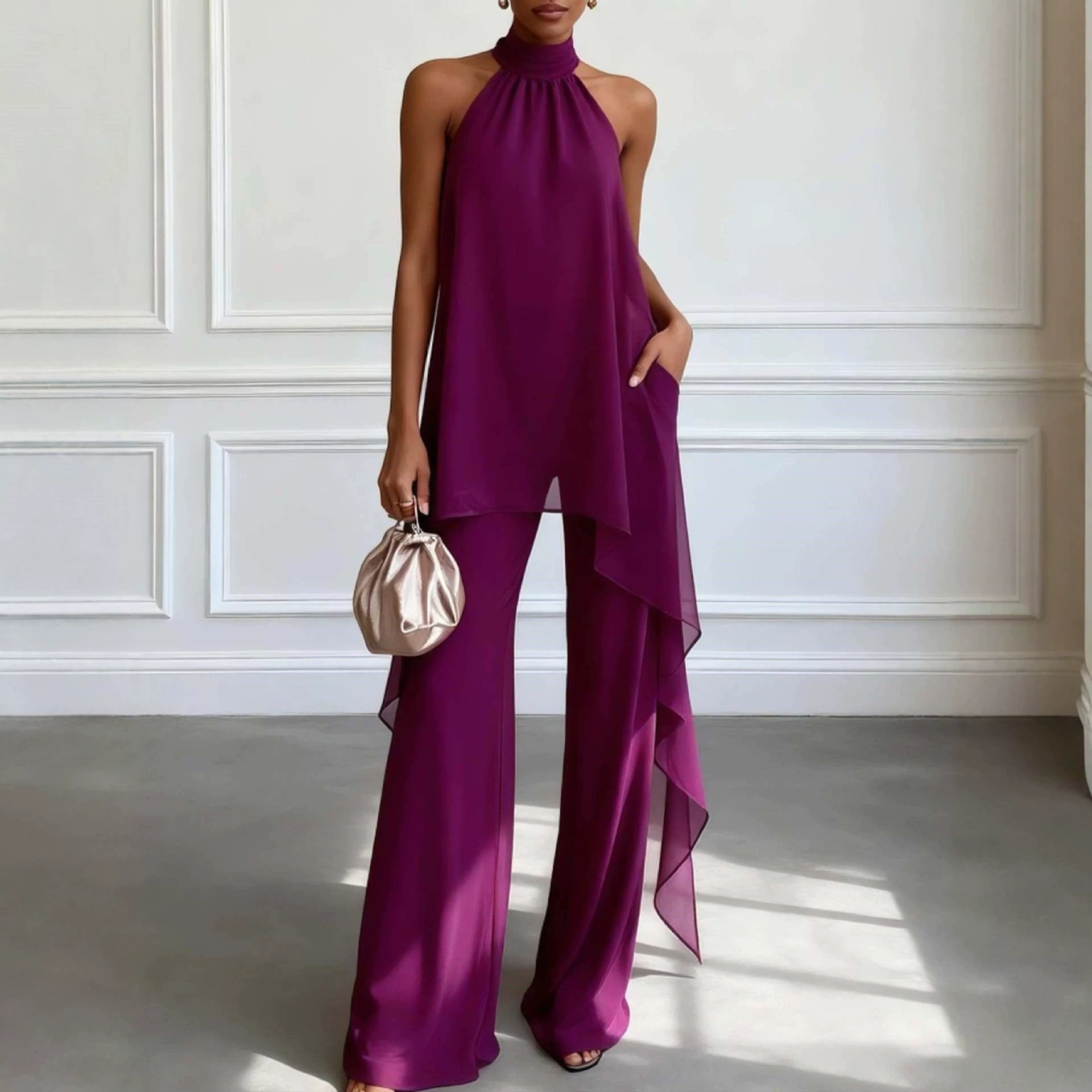 Chiffon Two Piece Set Sleeveless Halter Neck Solid Color Spring Summer Fashion for Women Wholesale Available