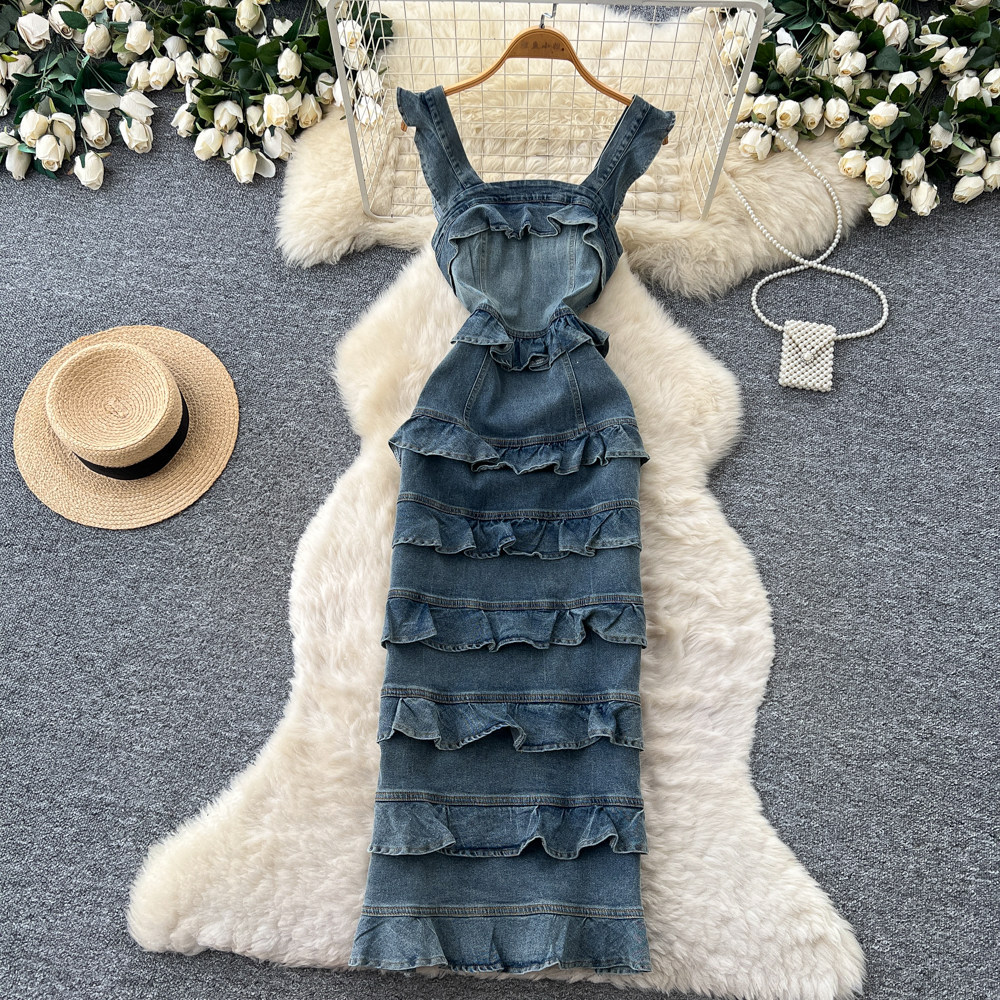 Blue Denim Ruffle Hem Cami Dress French Romantic Style Square Neck Slim Fit Summer Fashion for Women Wholesale
