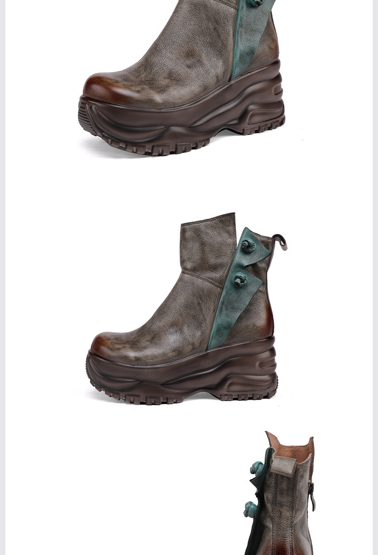 Boot nữ cổ thấp da bò thật đế dày tôn dáng thủ công — màu xám, xanh lá cây