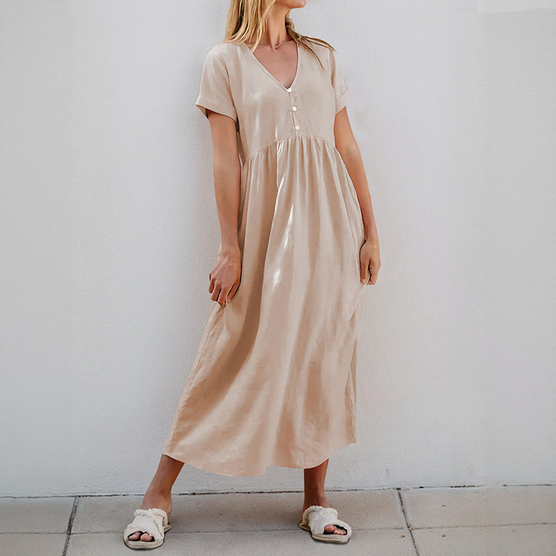 Casual Loose Button V Neck Solid Color Dress New Arrival European and American Style Perfect for Everyday Wear
