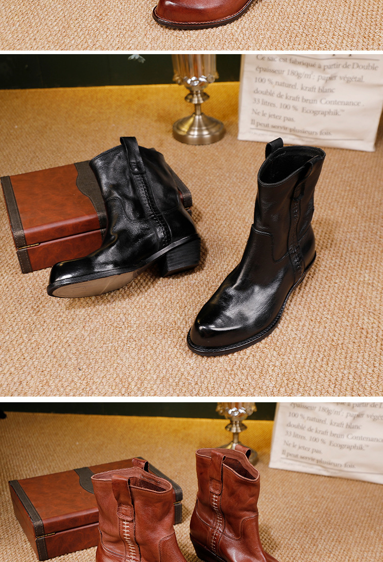 Boot Chelsea nữ da bò thật gót vuông mũi nhọn cổ thấp — màu đen, Màu nâu
