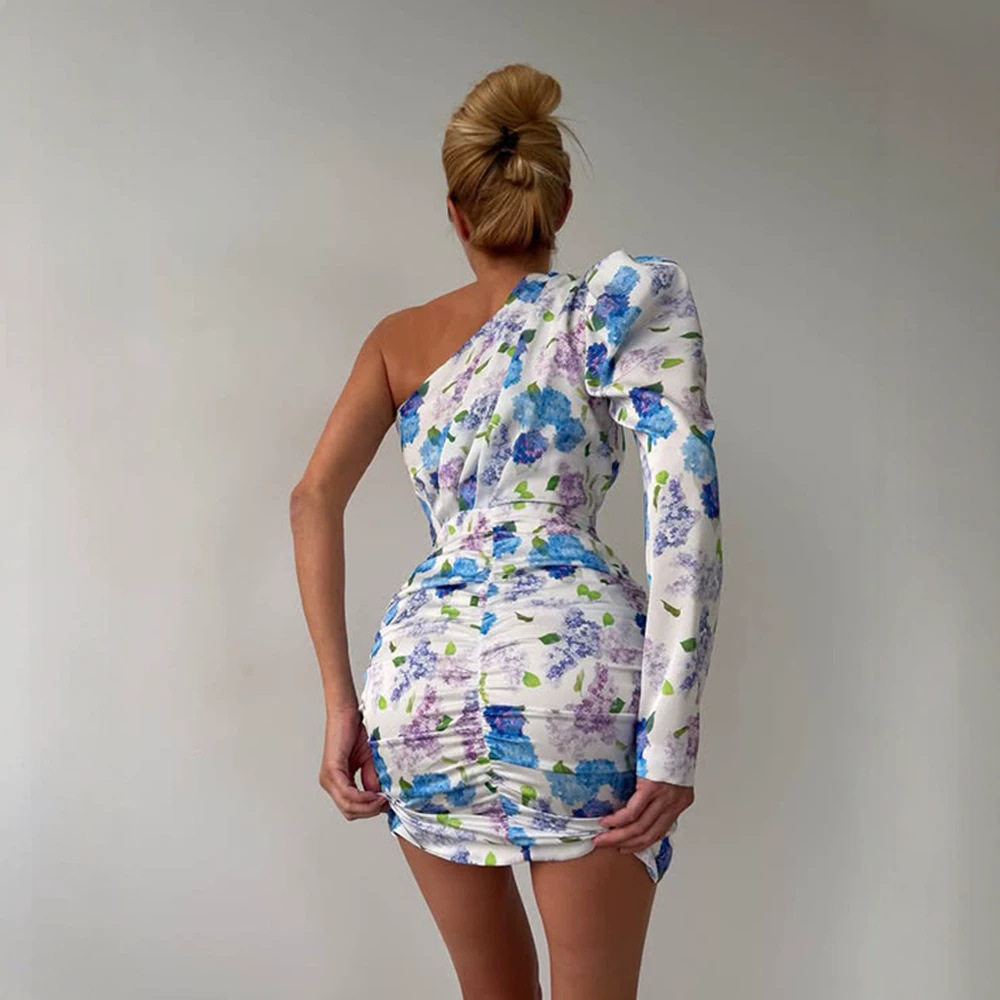 One Shoulder Floral Print Dress Slim Fit Asymmetrical Neckline Fresh Design Perfect for Parties and Special Occasions