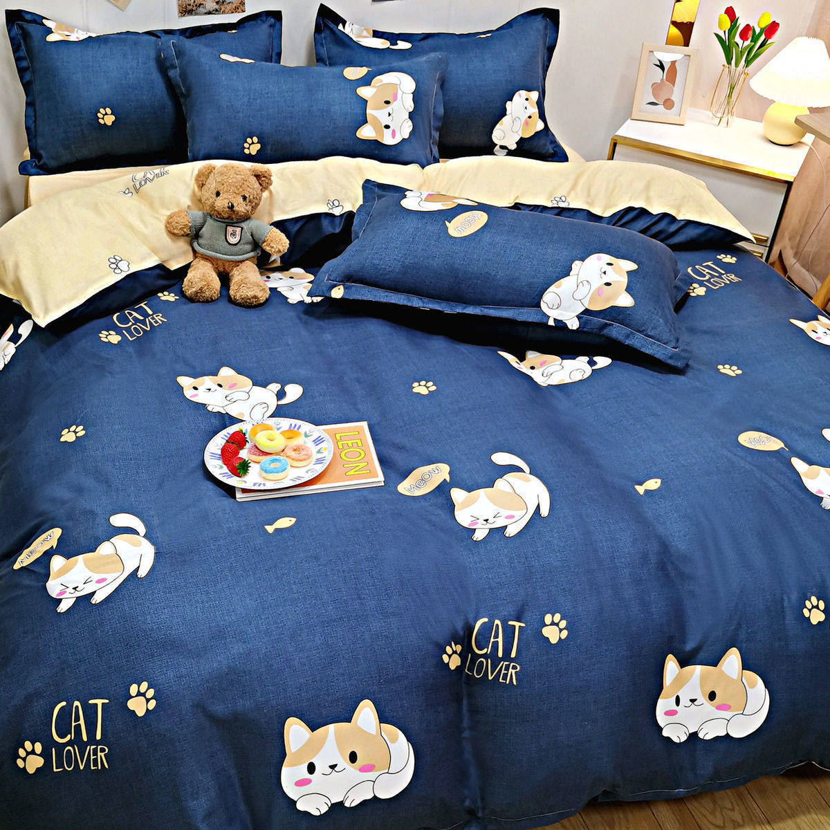 Four-Piece Bedding Set, Washed Cotton Bed Sheets, Quilt Cover, Brushed Three-Piece Set, Student Dormitory Bedroom Quilt Cover, Universal for All Seasons