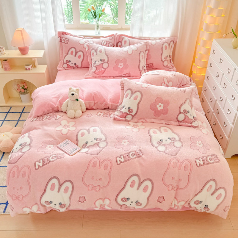 Snow velvet four-piece winter padded warm coral velvet double-sided velvet quilt cover 3D three-dimensional cartoon milk velvet wholesale