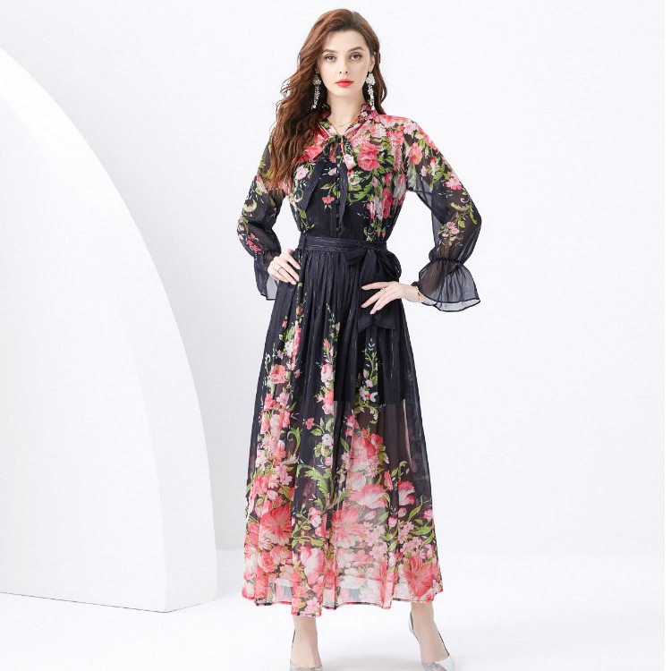 Womens Vacation Set Long Sleeve Printed Chiffon Top High Waist Maxi Skirt Stylish and Youthful Wholesale Available