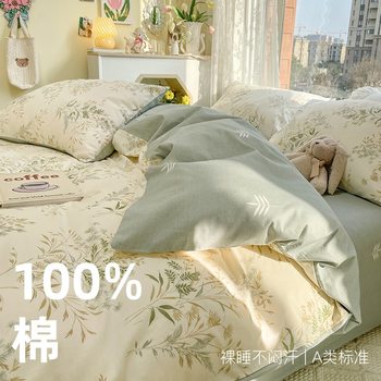 Ins-Style 60-Count Long-Staple Cotton Four-Piece Set, All-Cotton Autumn and Winter Duvet Cover, Fitted Sheet, Pure Cotton Dormitory Three-Piece Set, Fitted Sheet Style