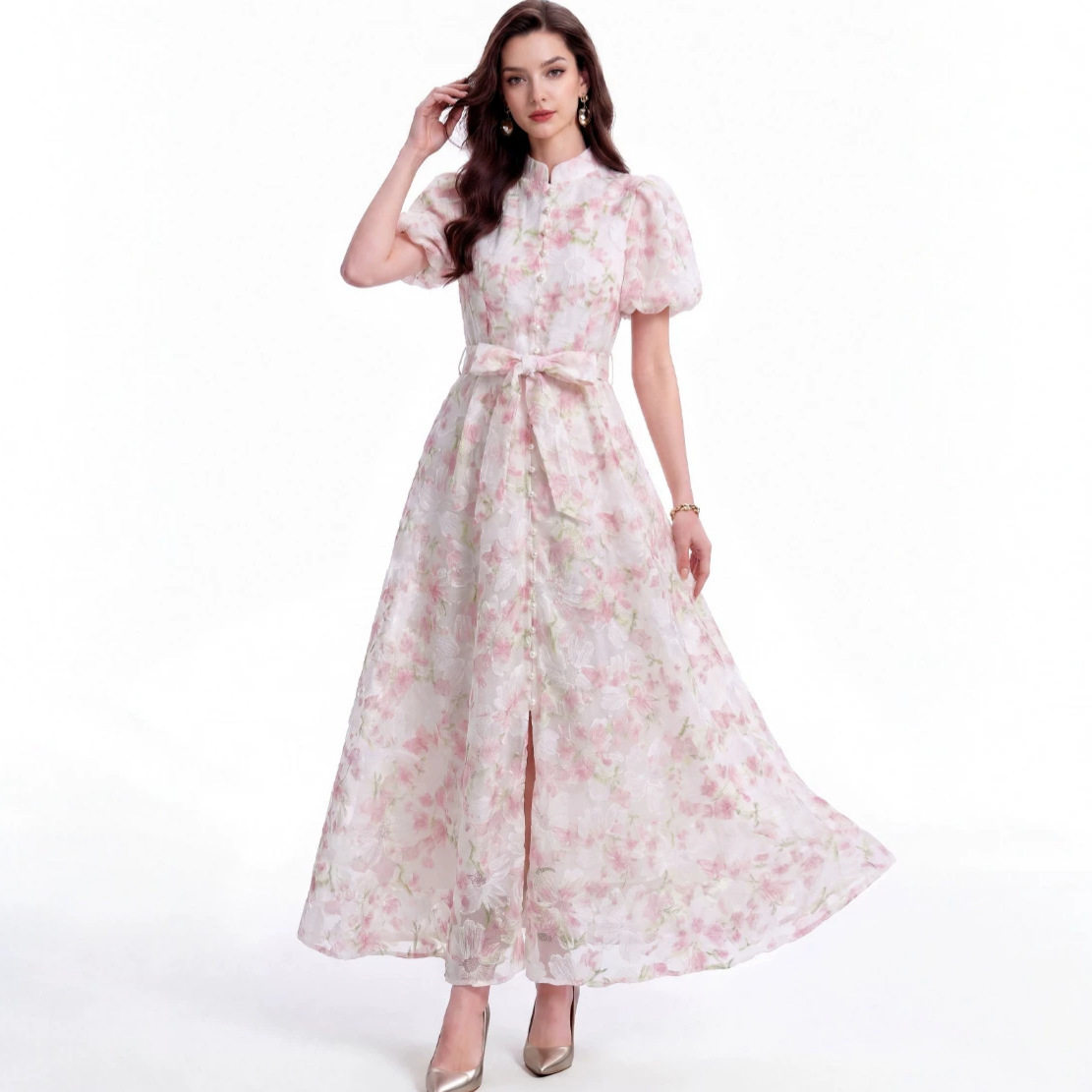 Romantic Rose Print Mesh Puff Sleeve Dress Summer Pearl Button Waist Defined Long Length Perfect for Casual or