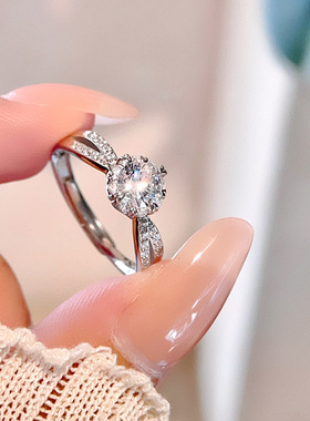 精工纯银S925经典锆石戒指女时尚简约气质轻奢侧边镶钻可调节指环