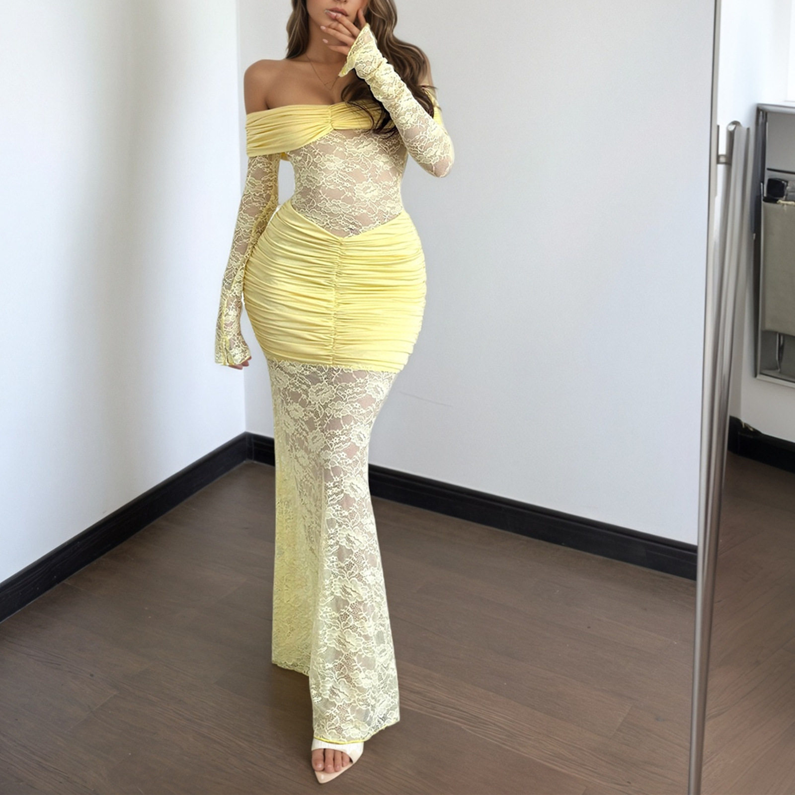 Off Shoulder Lace Trimmed Bodycon Dress Long Sleeve Ruffled Design Elegant Style Perfect for Autumn Events