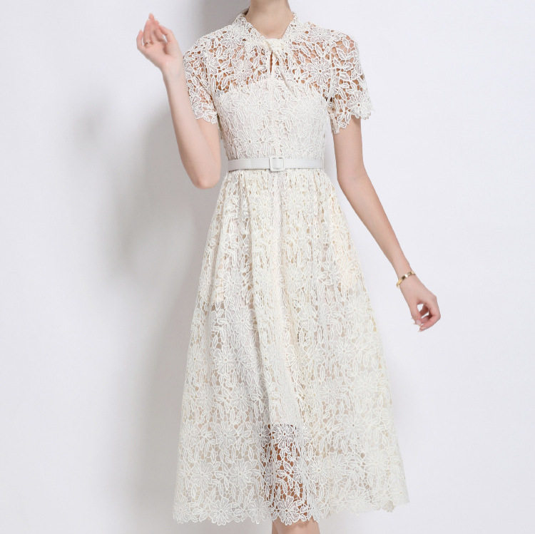 French Style Elegant Hollow Lace A Line Dress High End Lightweight Waist Defined Summer Fashion Wholesale Available