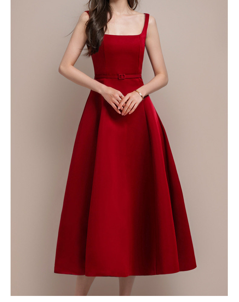 Đầm maxi nữ thắt eo dáng công chúa tay không cổ tròn — Đỏ, Hồng, Đen chi tiết 5