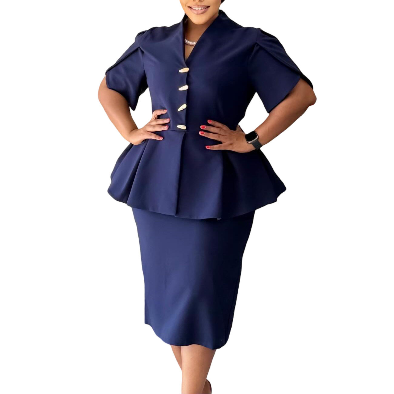 Elegant Plus Size African Dress Slim Fit Ruffled Hem V Neck Short Sleeve Casual or Formal Occasion Wholesale