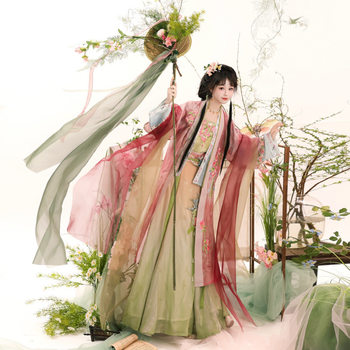 Spring and Summer Hanfu Four-Piece Set for Women with Floral Embroidery, Long Robe, Suspender Skirt, and Song-Style Design, Featuring a National Style and Zen Aesthetic