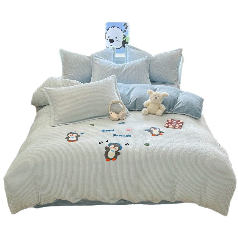 Ins Cute Kidsren's Milk Velvet Four-Piece Winter Thickeneded Warm Coral Velvet Quilt Cover Bed Sheetss Dormitory Three-Piece Set