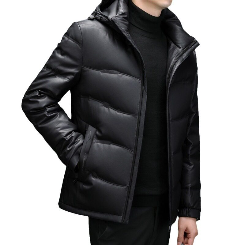 Haining men's sheepskin mid-length hooded white duck down casual down jacket warm real leather jacket winter